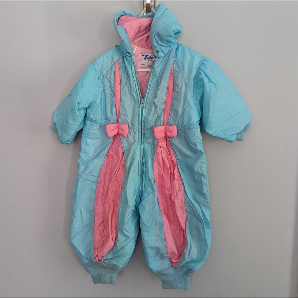 Vintage Girls Toddler Weather Tamer 18 Month Blue and Pink Baby Snowsuit 1980s
